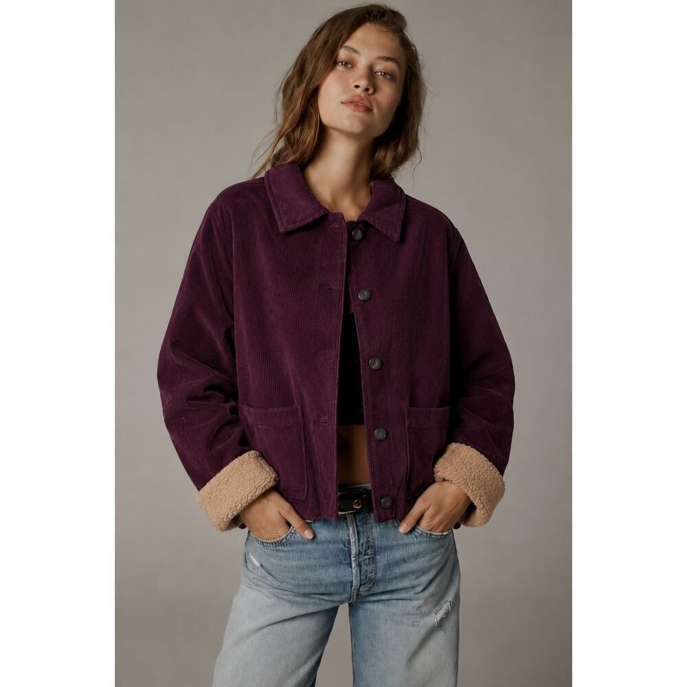 Boston Traders Corduroy Sherpa Jacket Burgundy Cozy Button Coat M Vintage Style